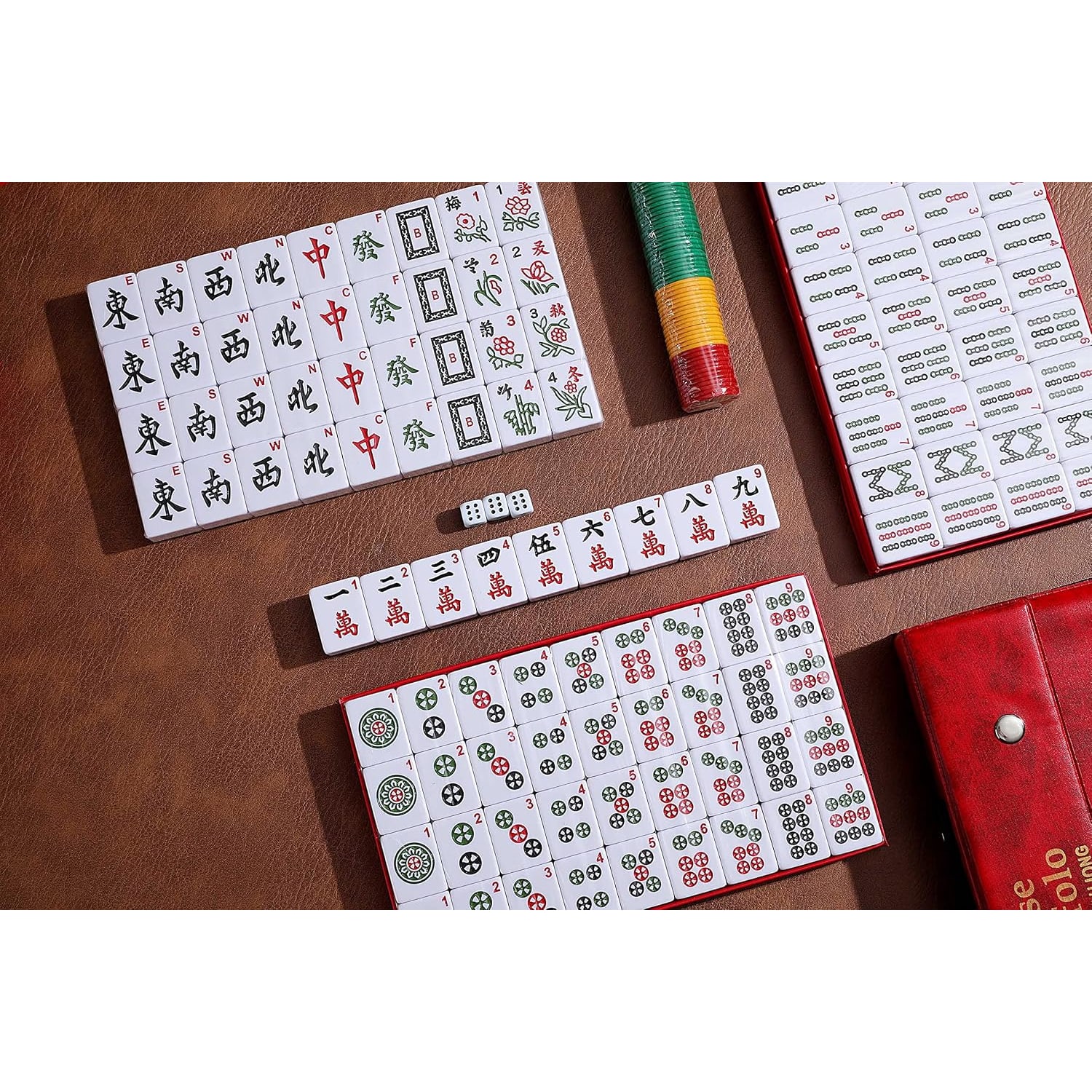 Chinese Mahjong Set with 144 Tiles and Red Carry Case