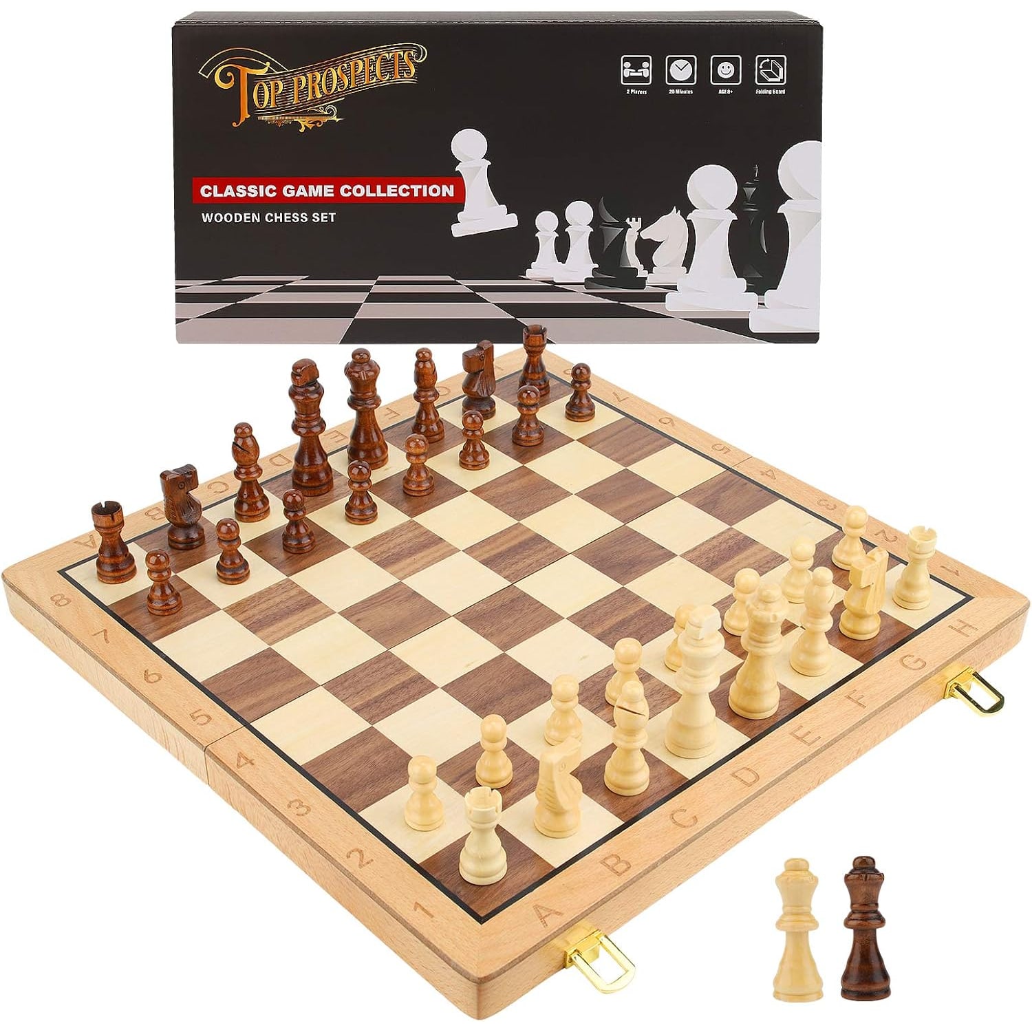 Folding Wooden Chess Set 15 Inch with Storage and Extra Queens