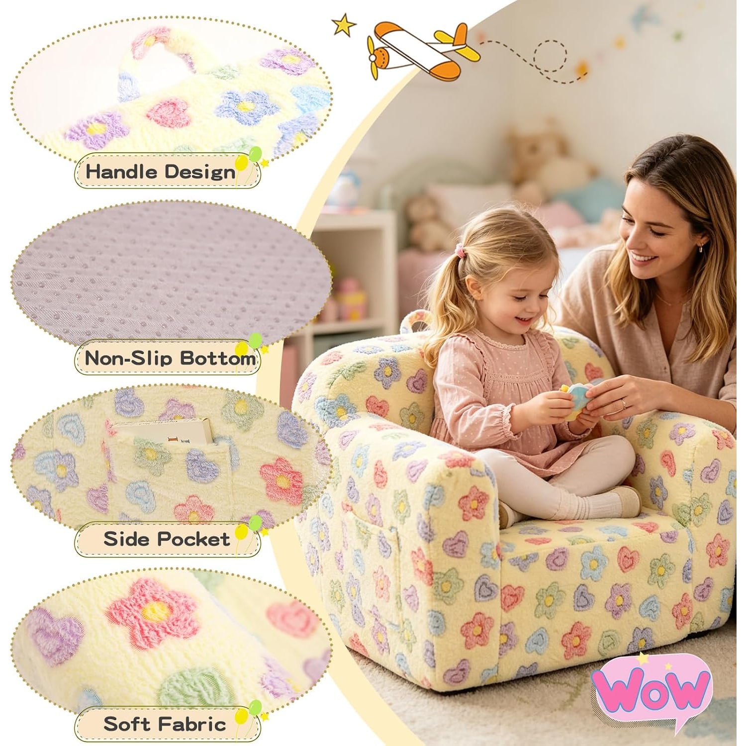 Plush Kids Sofa Chair, White Flower, detail view