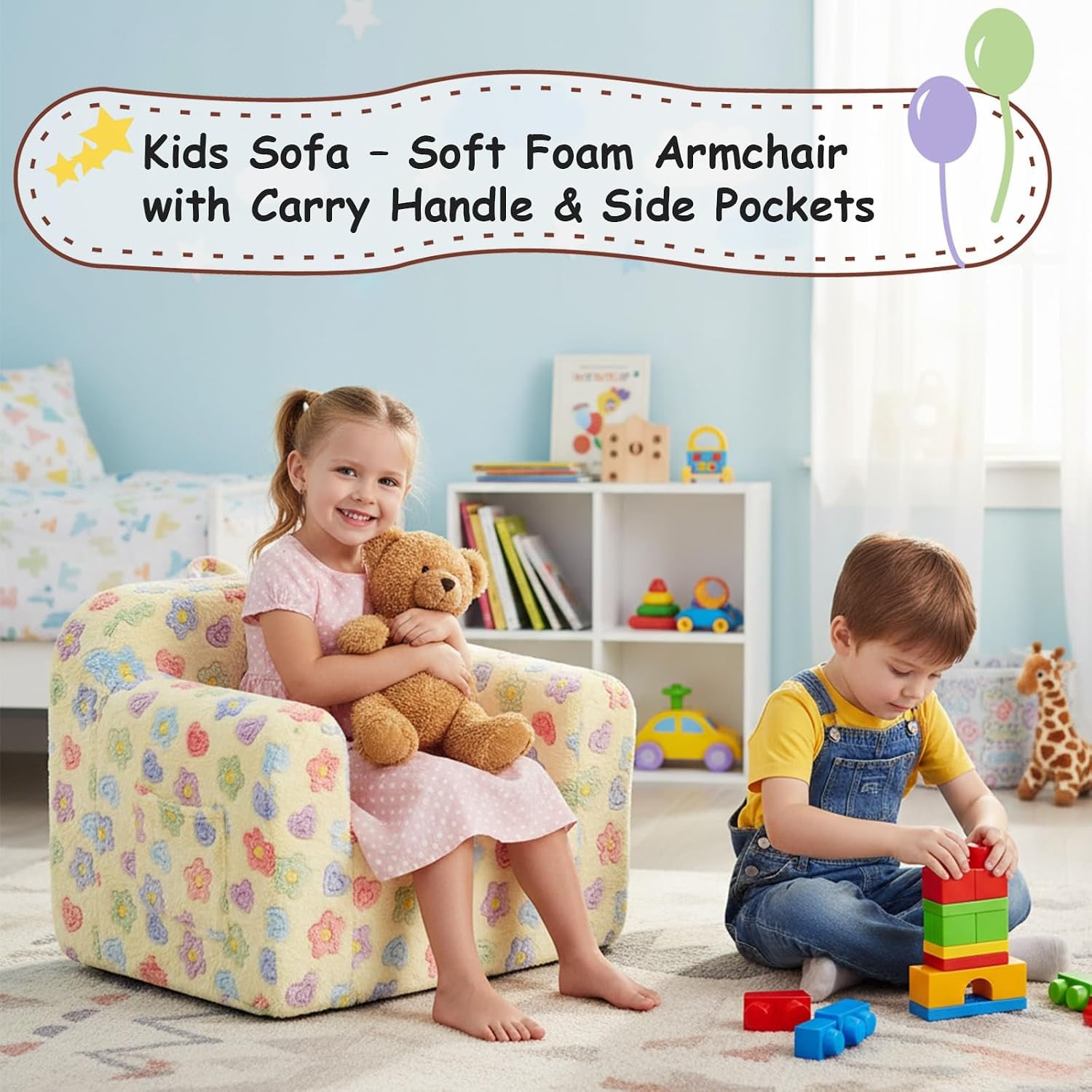Plush Kids Sofa Chair, White Flower: image 8