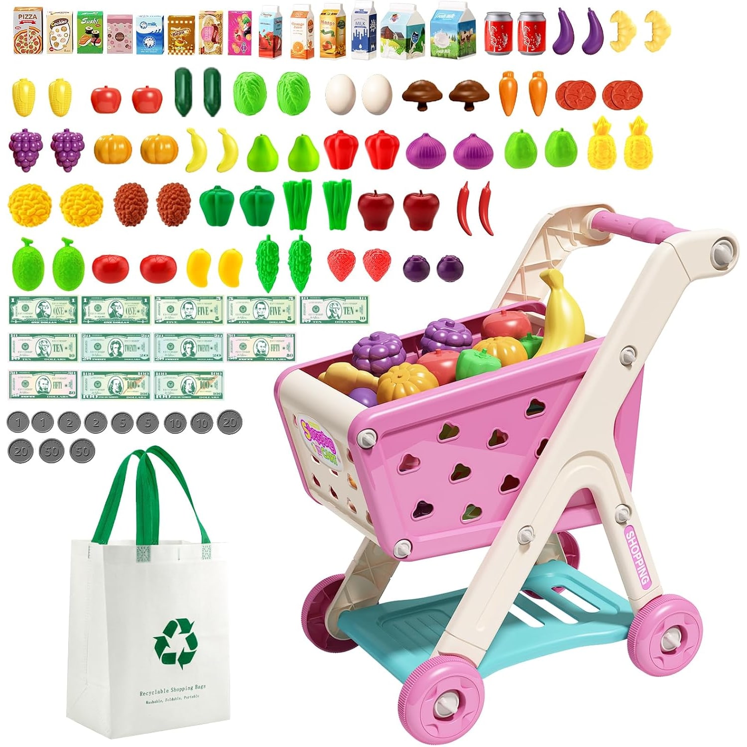 Kids Shopping Trolley Play Set with 102 Pieces