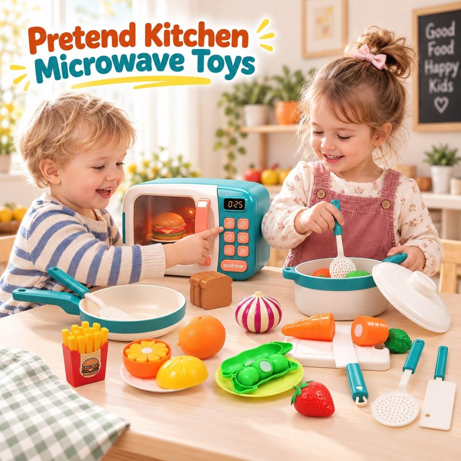 Toy Microwave Kitchen Play Set with Cutting Food and Cookware