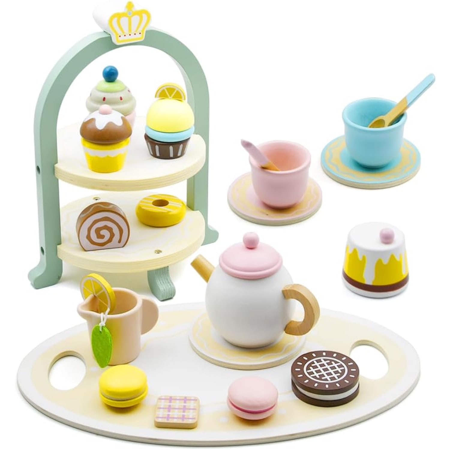 Wooden Tea Party Set with Cupcake Tower and Desserts