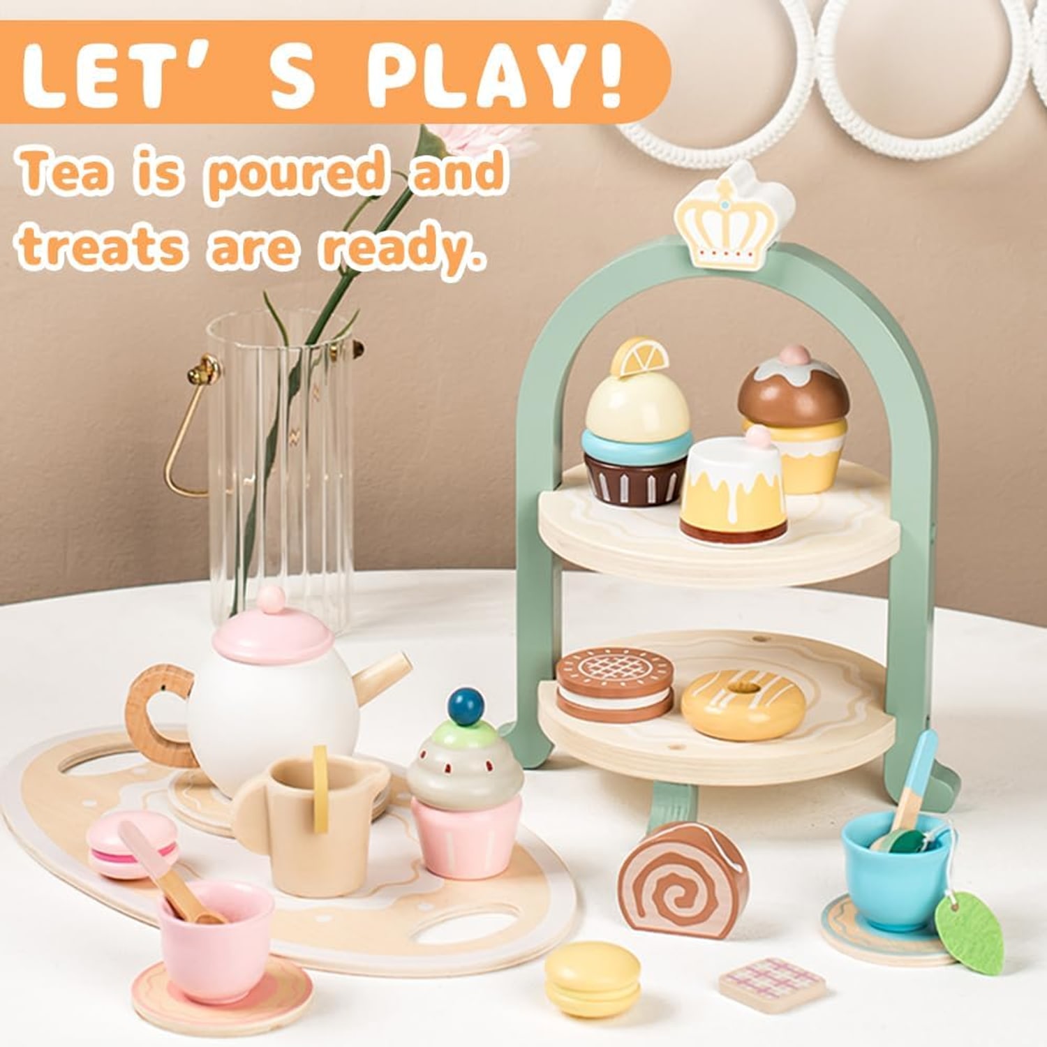 Wooden Tea Party Set with Cupcake Tower and Desserts