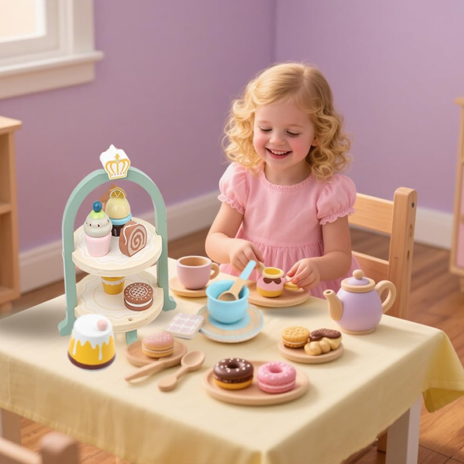 Wooden Tea Party Set with Cupcake Tower and Desserts