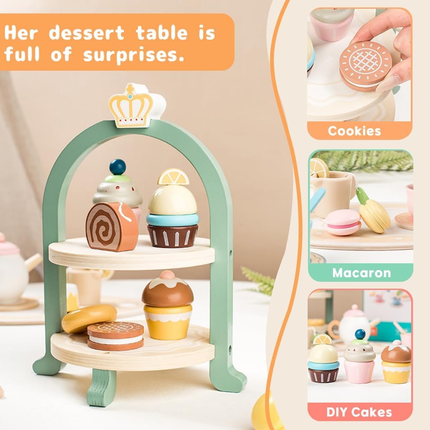Wooden Tea Party Set with Cupcake Tower and Desserts