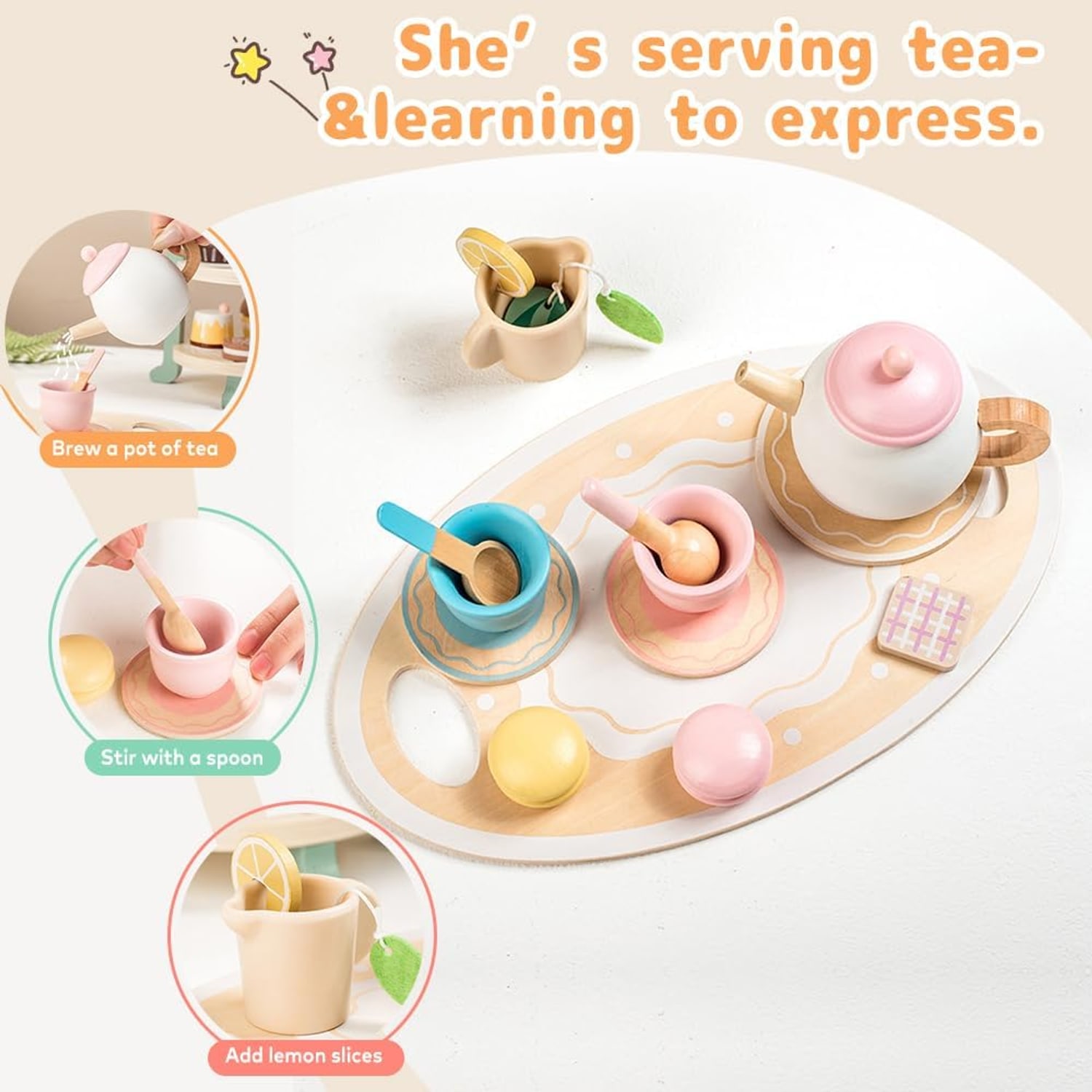 Wooden Tea Party Set with Cupcake Tower and Desserts