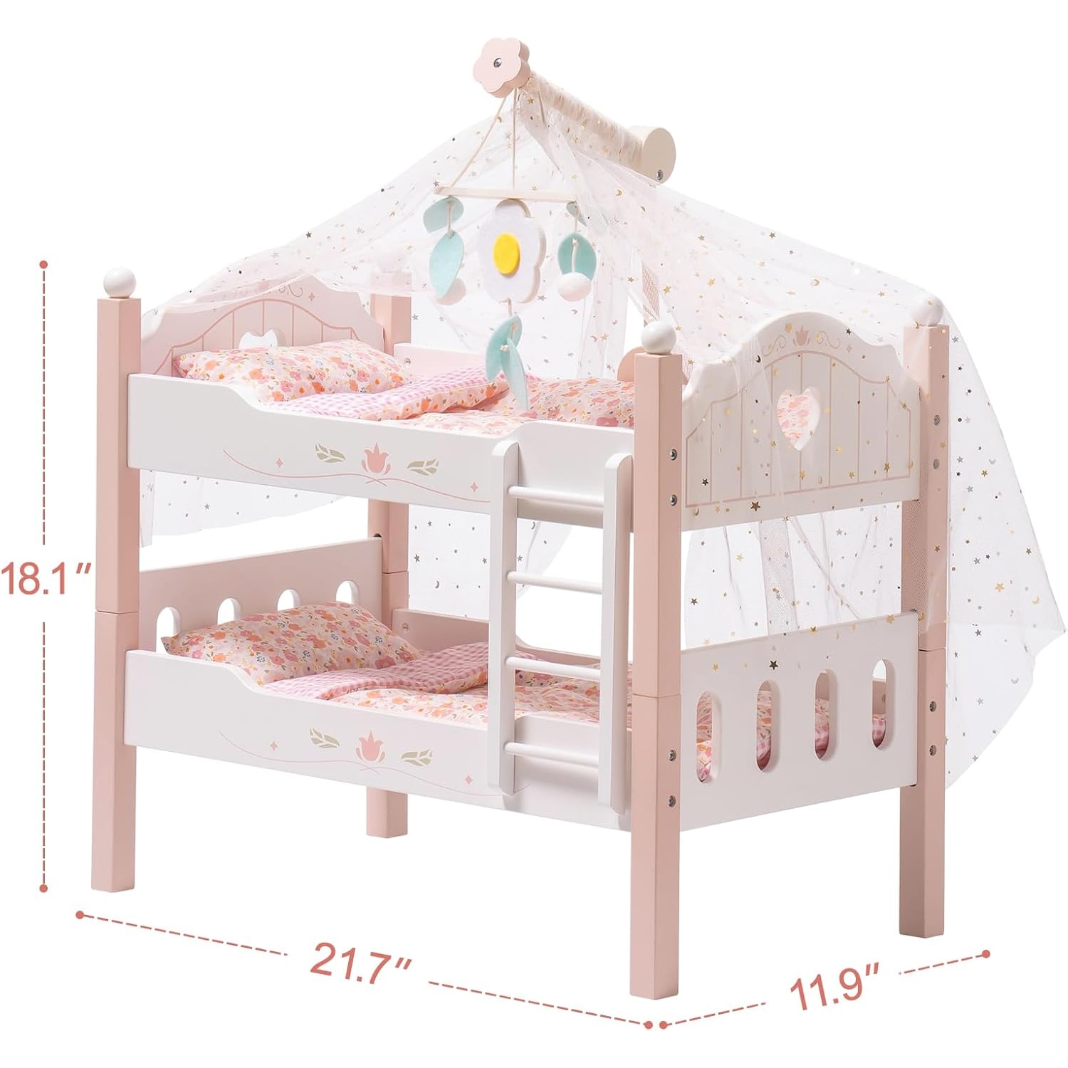 Wooden Doll Bunk Bed with Bedding, Canopy and Ladder