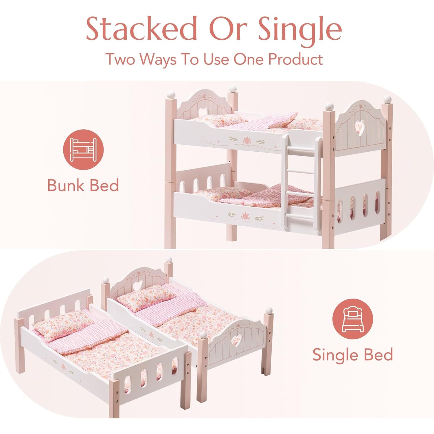 Wooden Doll Bunk Bed with Bedding, Canopy and Ladder