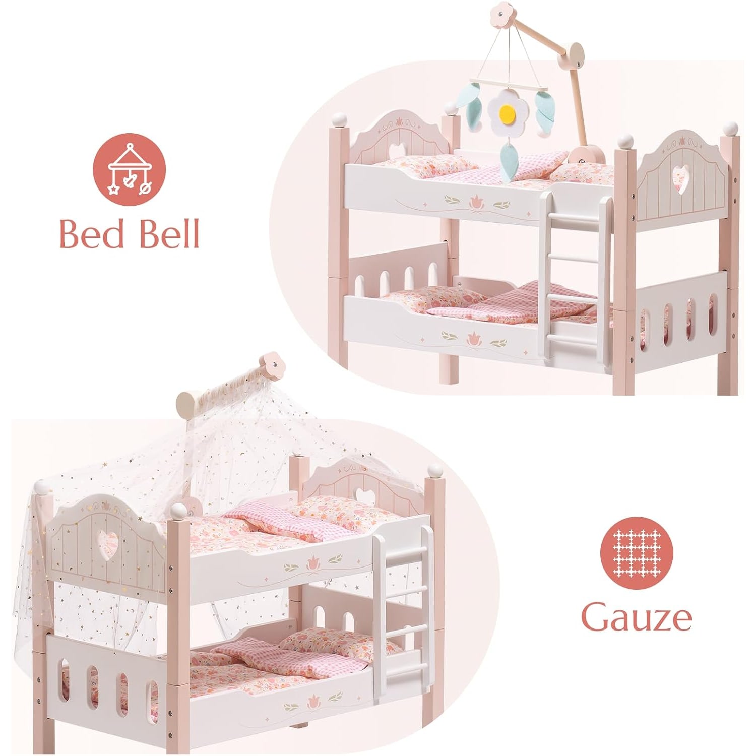 Wooden Doll Bunk Bed with Bedding, Canopy and Ladder