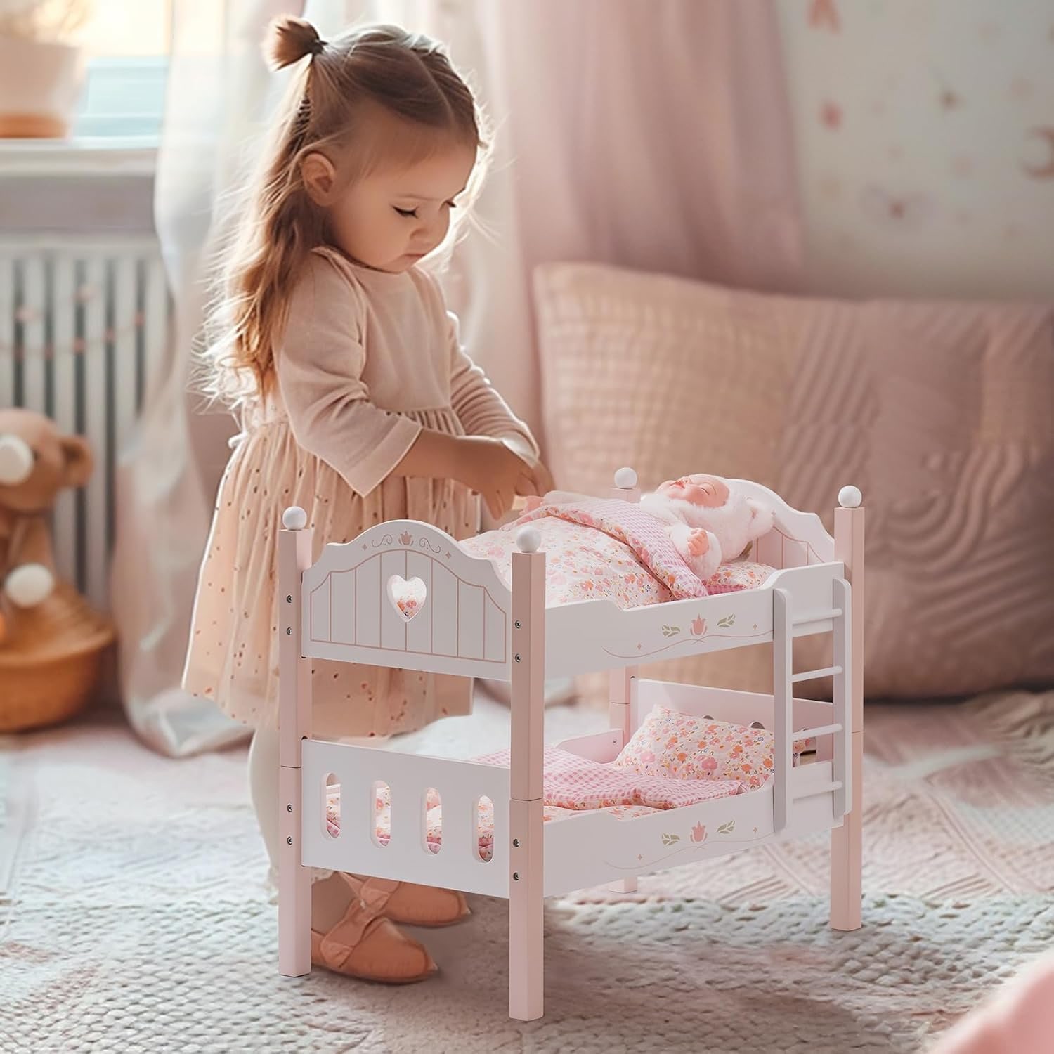 Wooden Doll Bunk Bed with Bedding, Canopy and Ladder