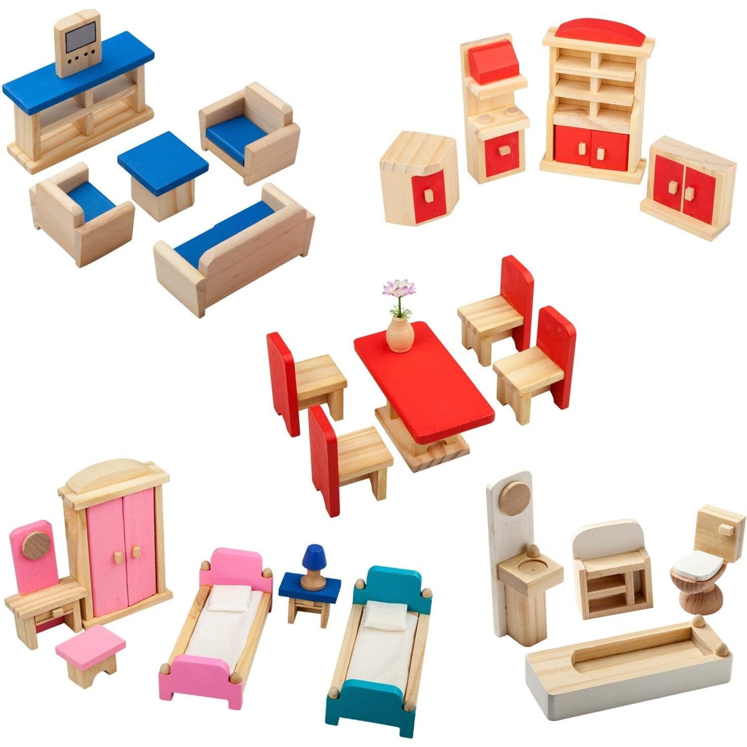Wooden Dolls House Furniture Set (5 Rooms)