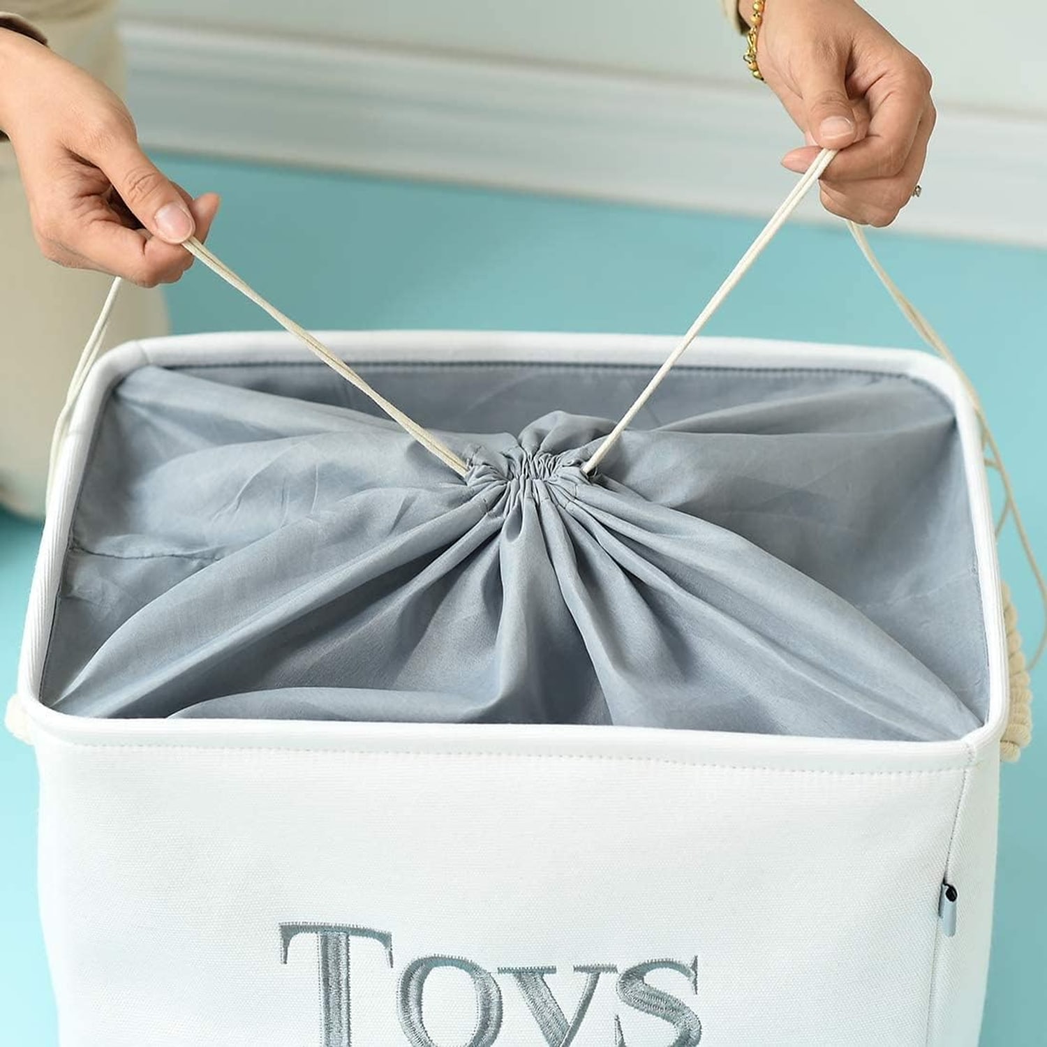 Collapsible Toy Storage Basket with Drawstring Lid: image 8