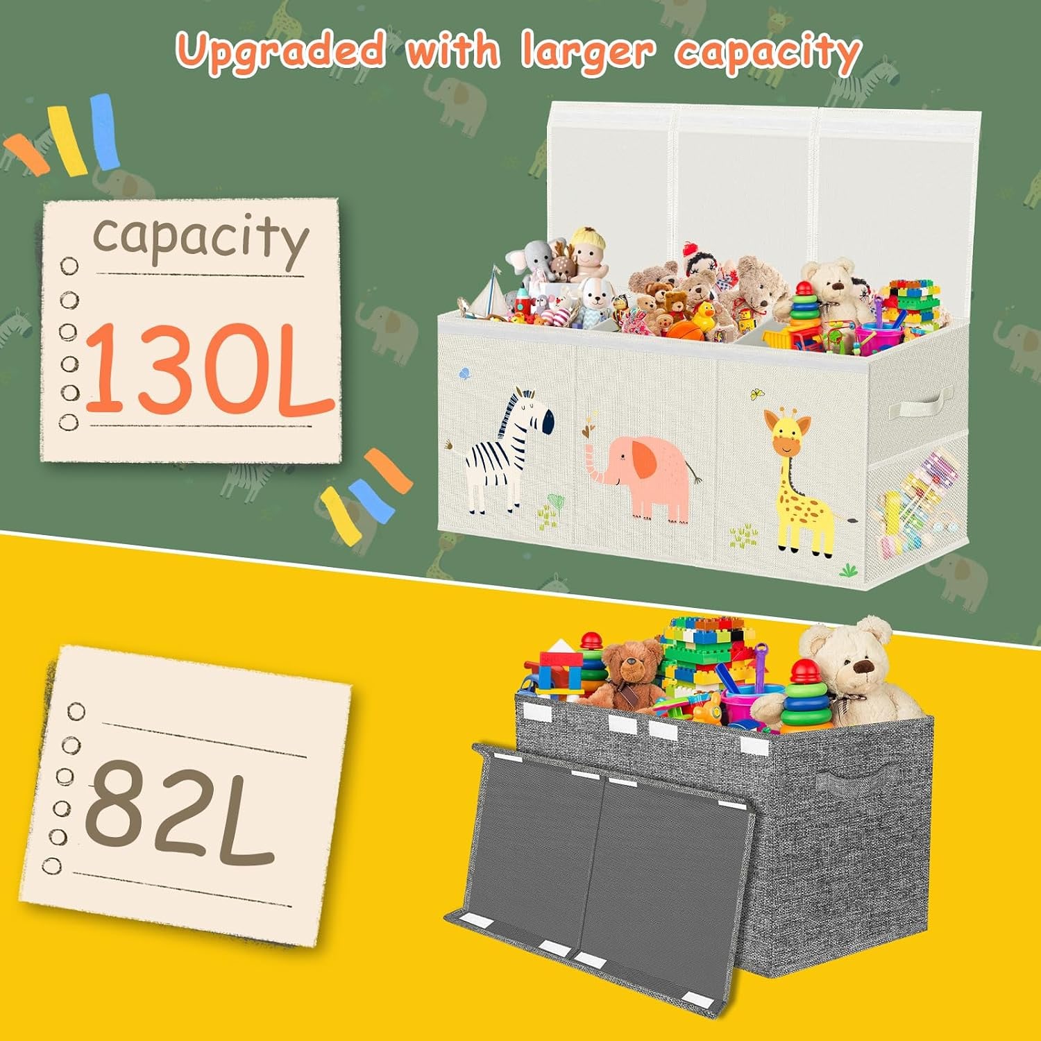 Extra Large Collapsible Toy Chest, 130L Fabric Toy Box (2 Pack)